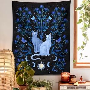 Vintage Psychedelic  Blue Thistle Cat Tapestry Wall Decor